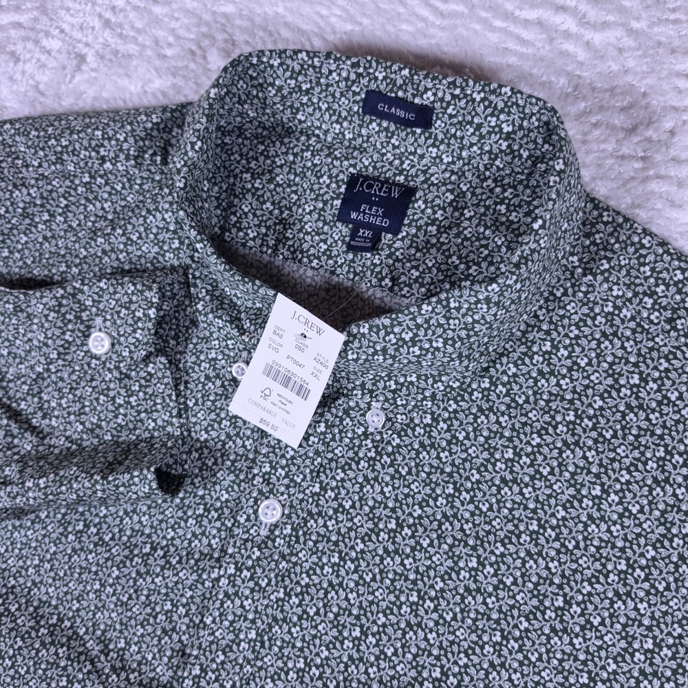 NEW J.Crew Flex Washed Classic Men XXL Green Floral L/S Button Down Shirt AZ406
